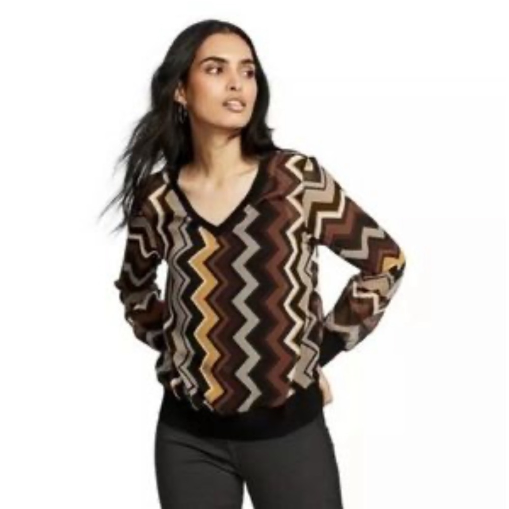Missoni for Target Sheer V Neck Pullover Top Zig- Zag Pattern Brown/ Honey S